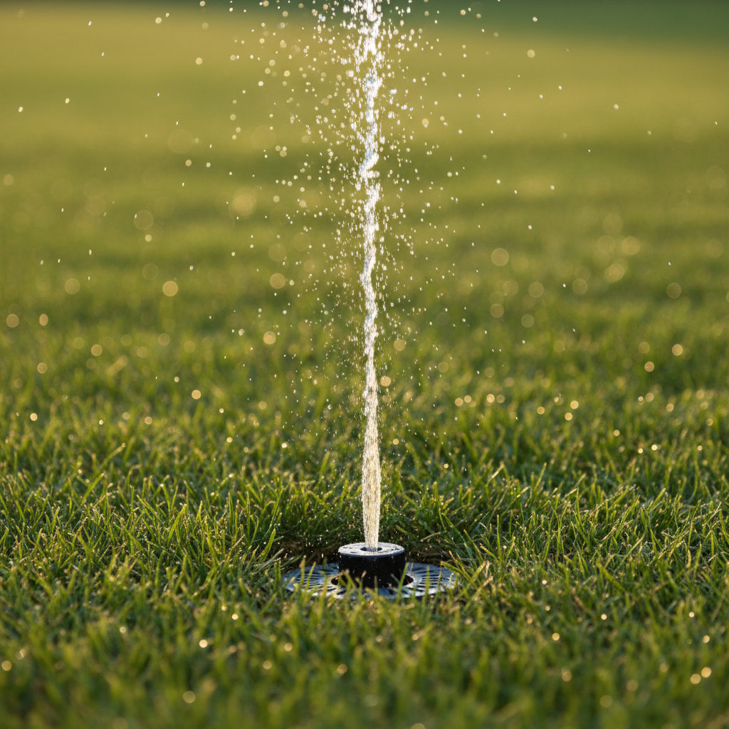 Irrigation sprinkler system watering a green lawn